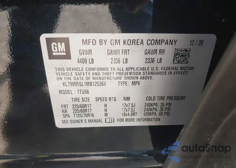 2021 Chevrolet Trailblazer Awd Lt из США, поврежденный, VIN KL79MRSL1MB125264